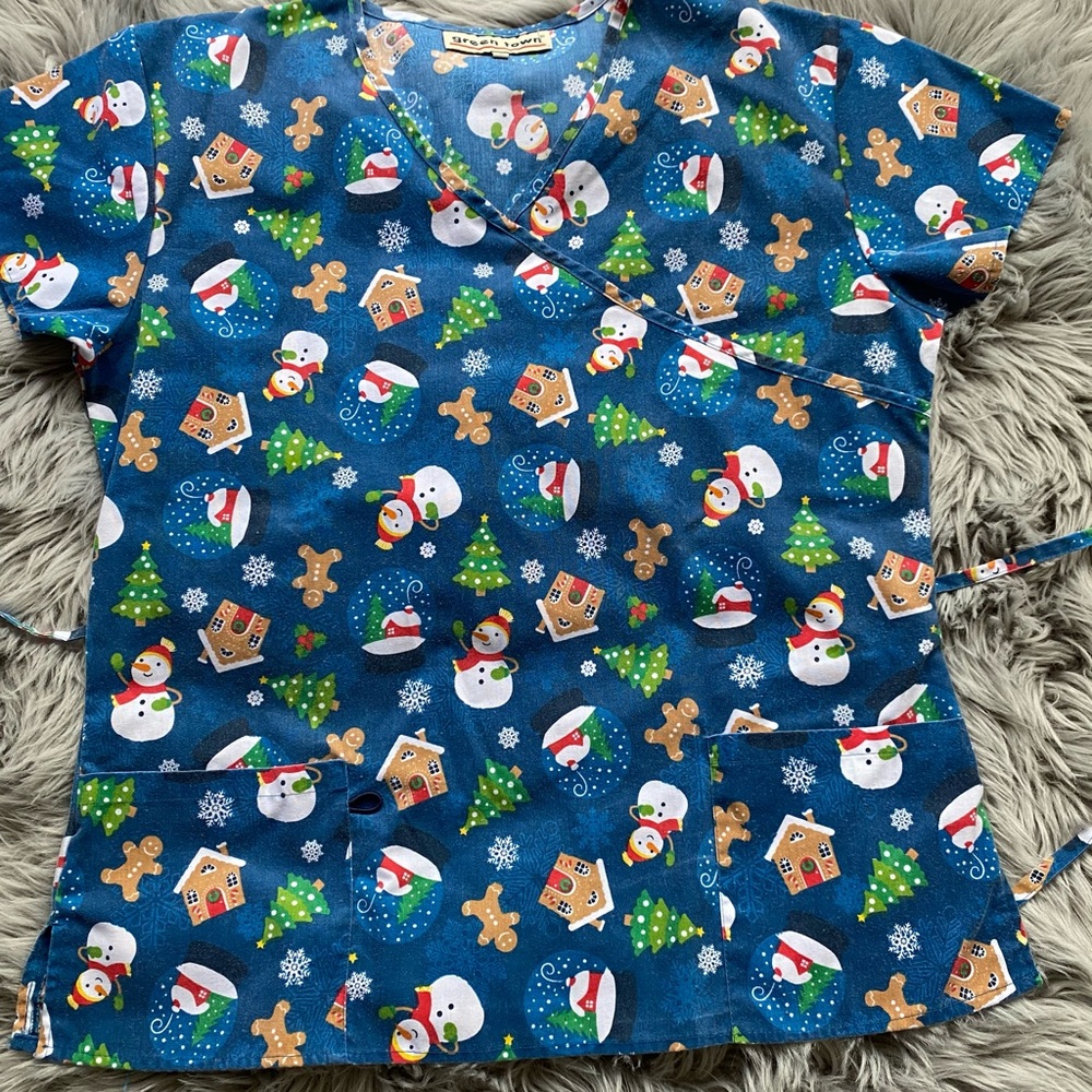 Green town- Large-Christmas scrub top